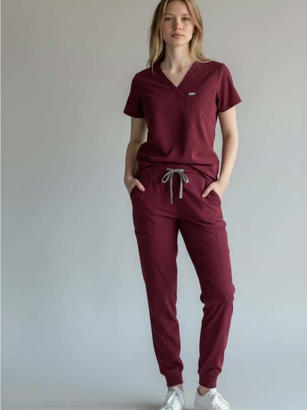 Figs Catarina Burgundy Scrub Top w/ Matching Zamora Joggers